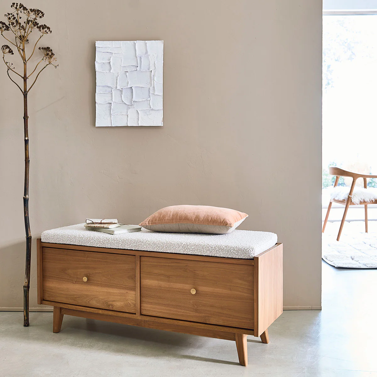 Banc en teck massif et tissu bouclette 120 cm - Image 3