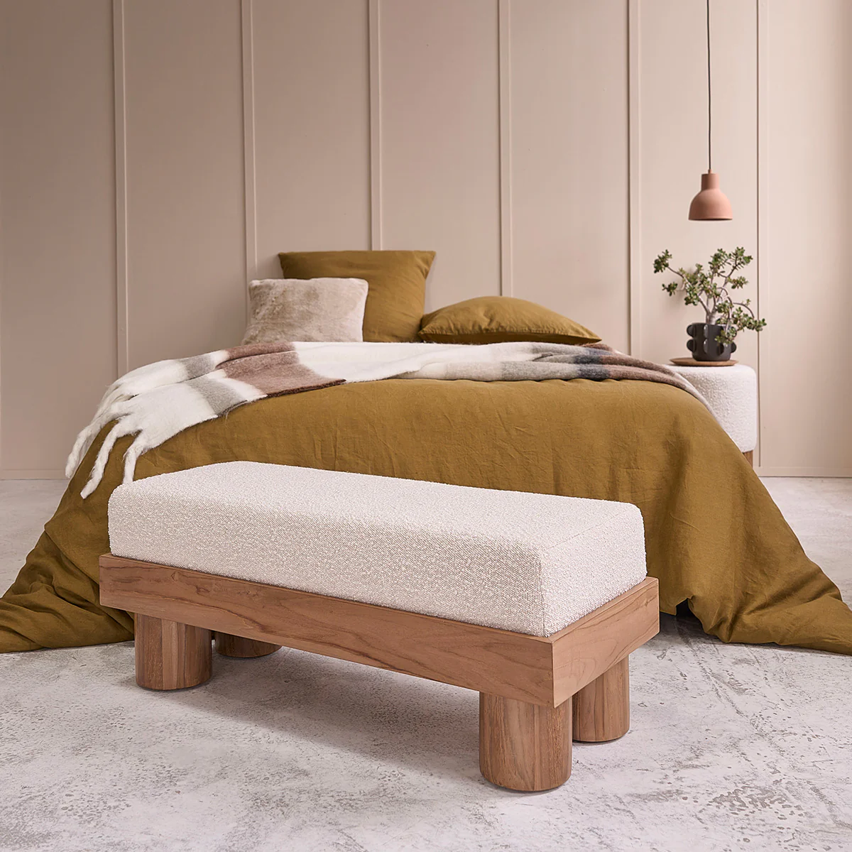 Banc en teck massif et tissu bouclette 100 cm - Image 3