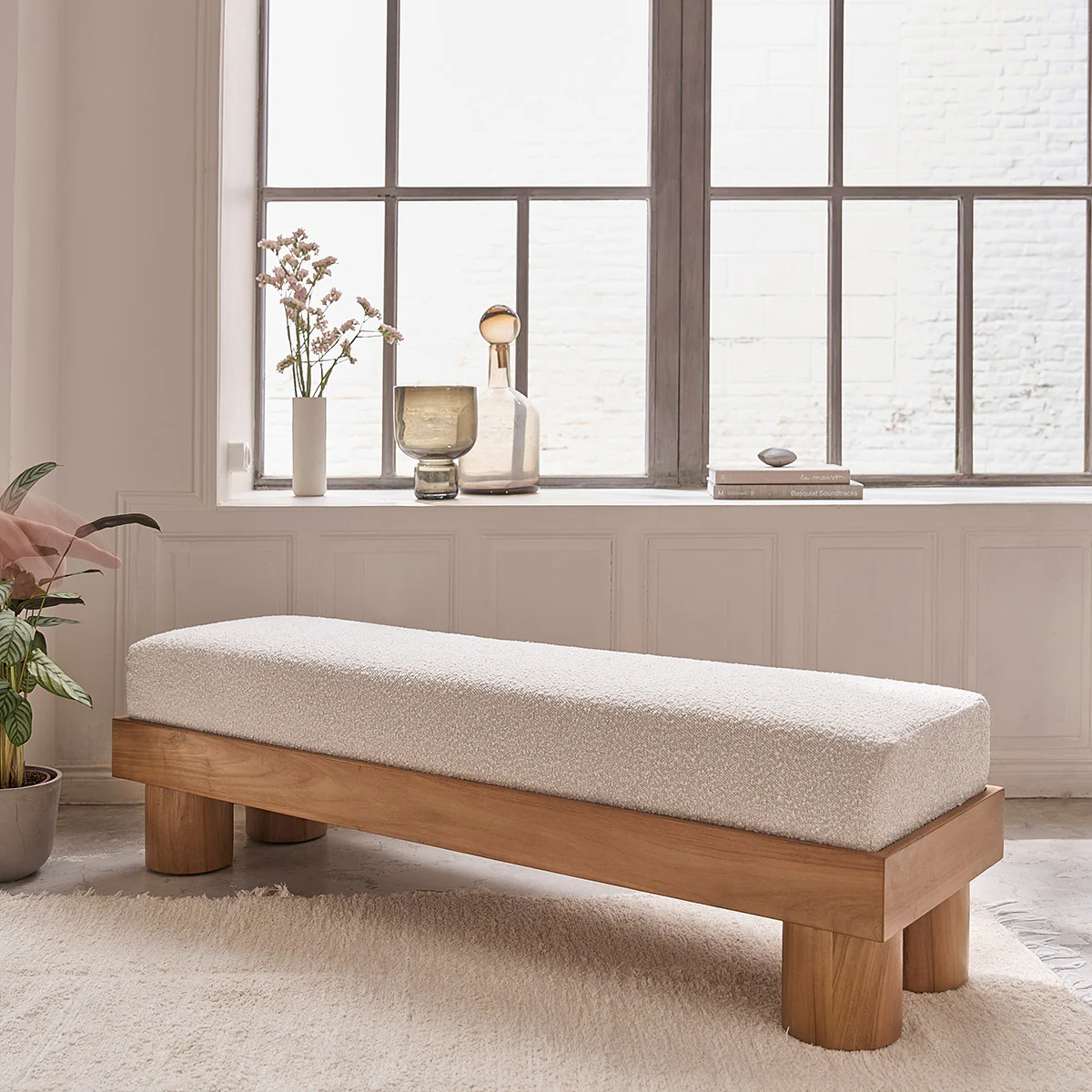 Banc en teck massif et tissu bouclette 140 cm - Image 3