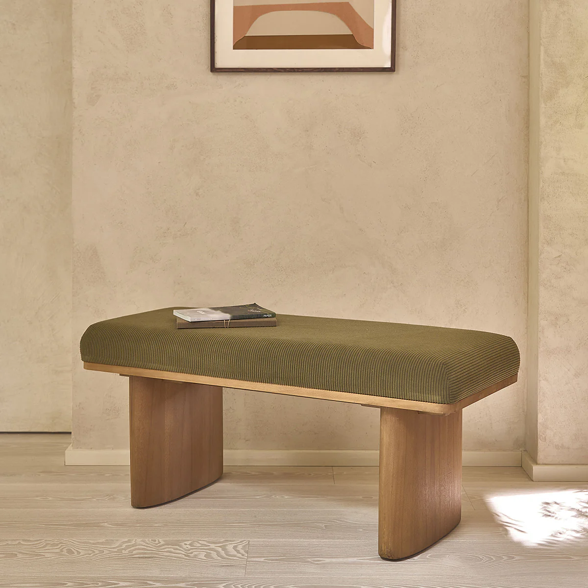 Banc en teck massif et tissu velours cotelé vert 100 cm - Image 3