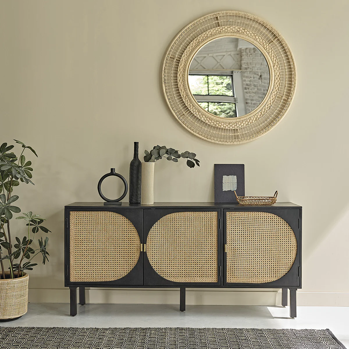 Buffet en manguier massif et cannage 160 cm