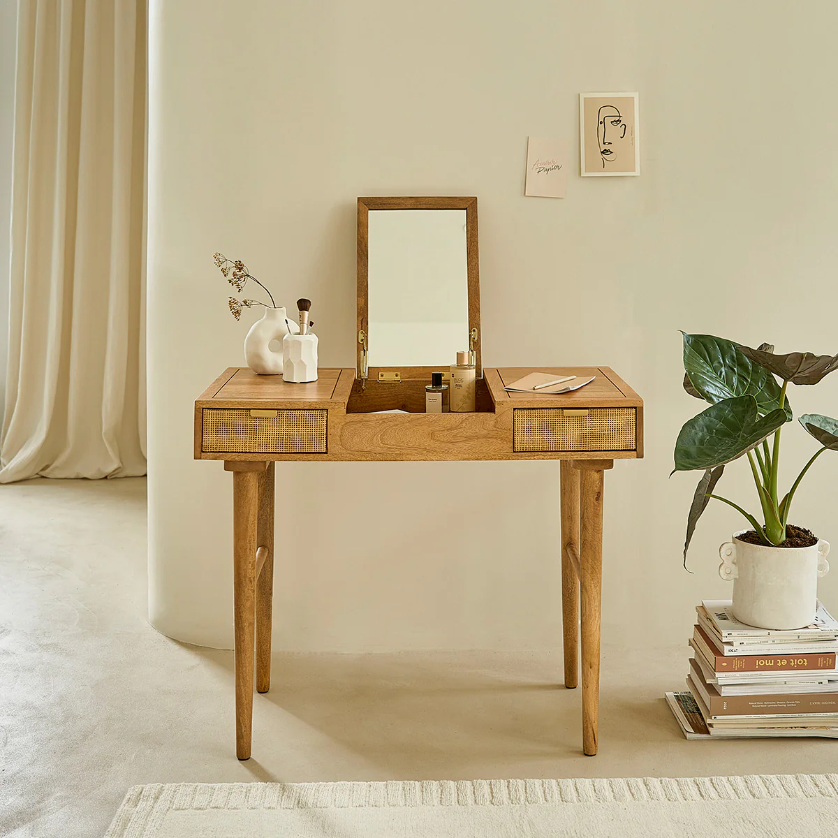 Bureau en manguier massif et cannage 90 cm - Image 3