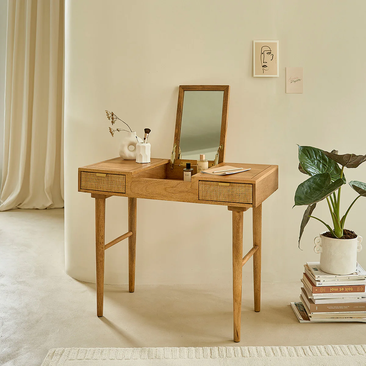 Bureau en manguier massif et cannage 90 cm - Image 4