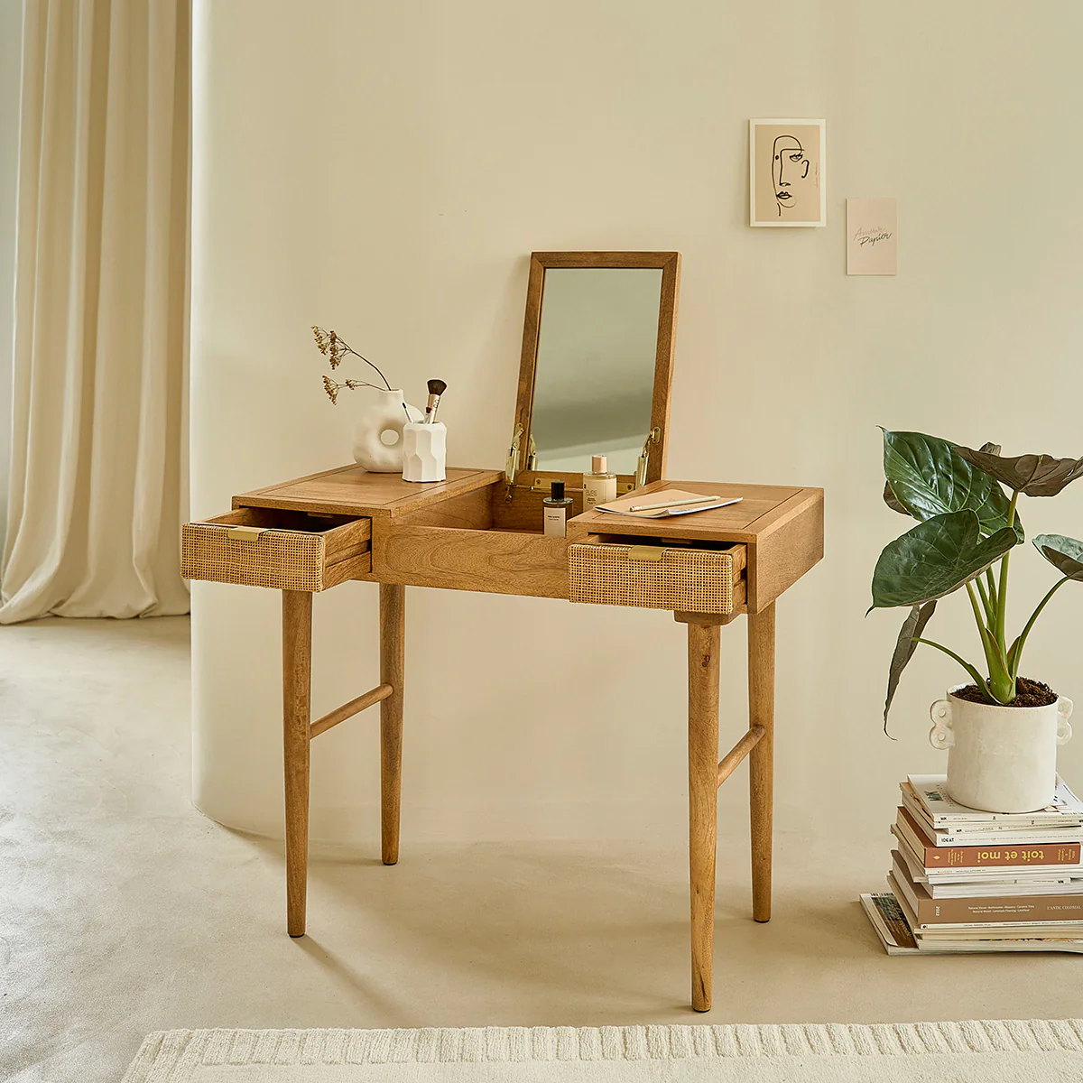 Bureau en manguier massif et cannage 90 cm - Image 5