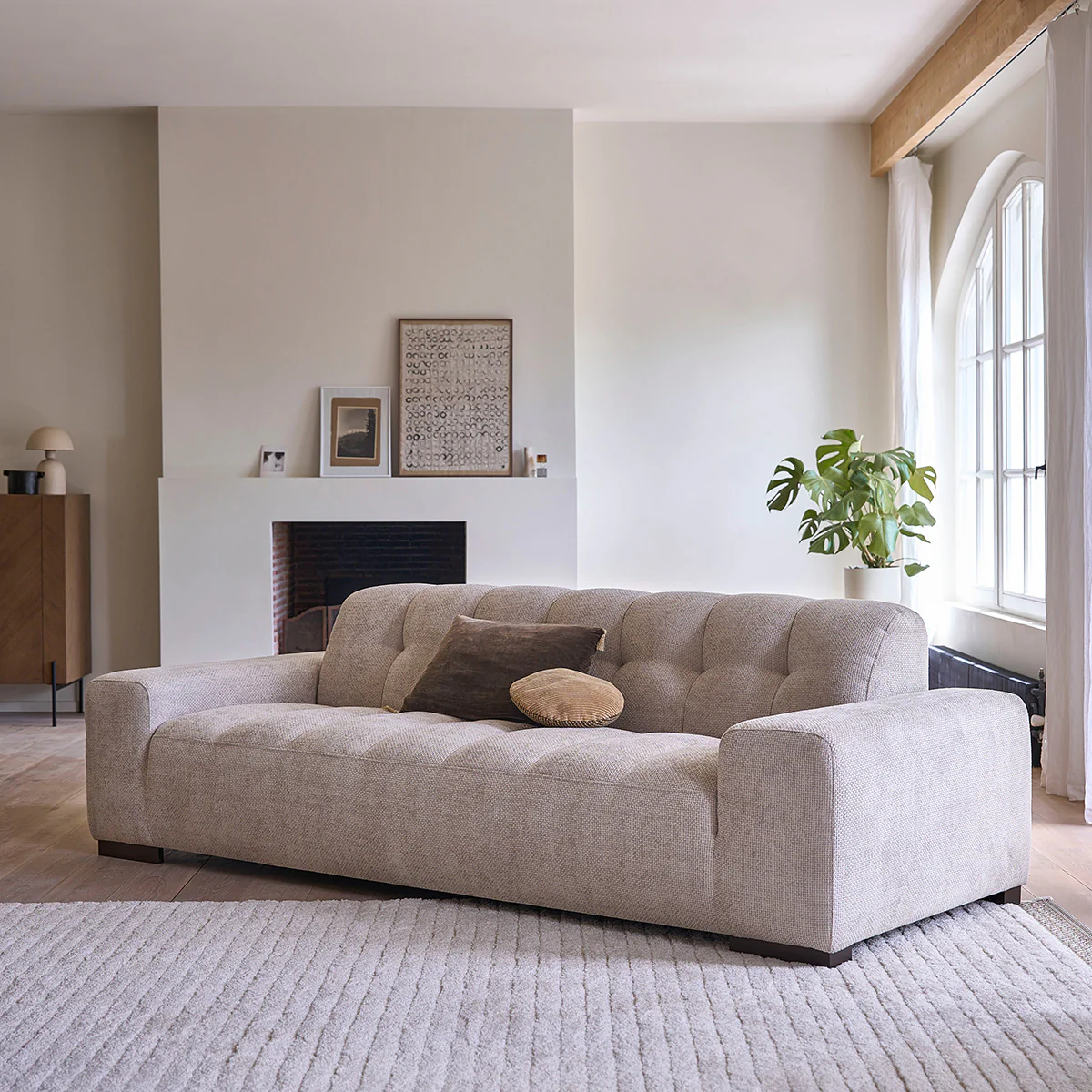 Canapé droit 4 places en velours tressé beige - Image 3