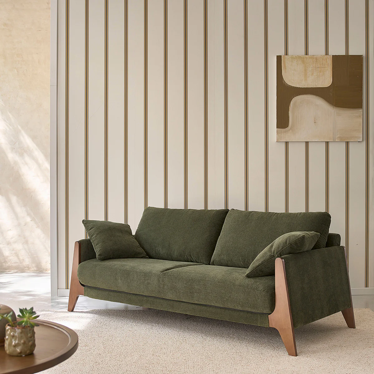 Canapé droit 3 places en bois massif et tissu velours vert mousse - Image 3