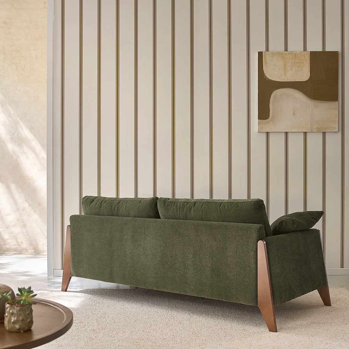 Canapé droit 3 places en bois massif et tissu velours vert mousse - Image 4