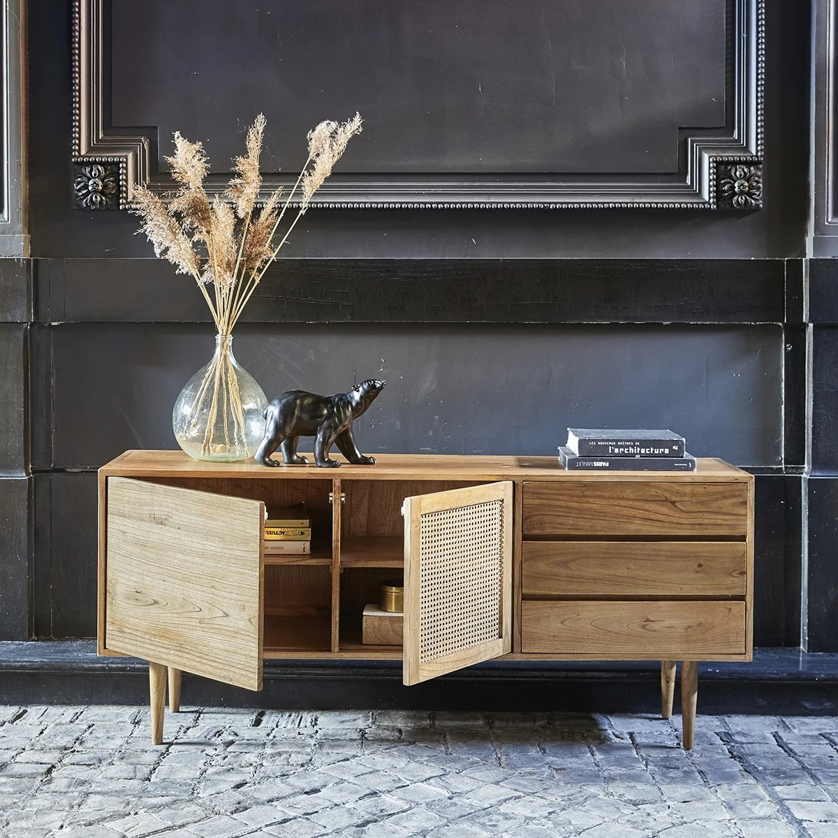 Commode en mindi massif et cannage 175 cm - Image 3
