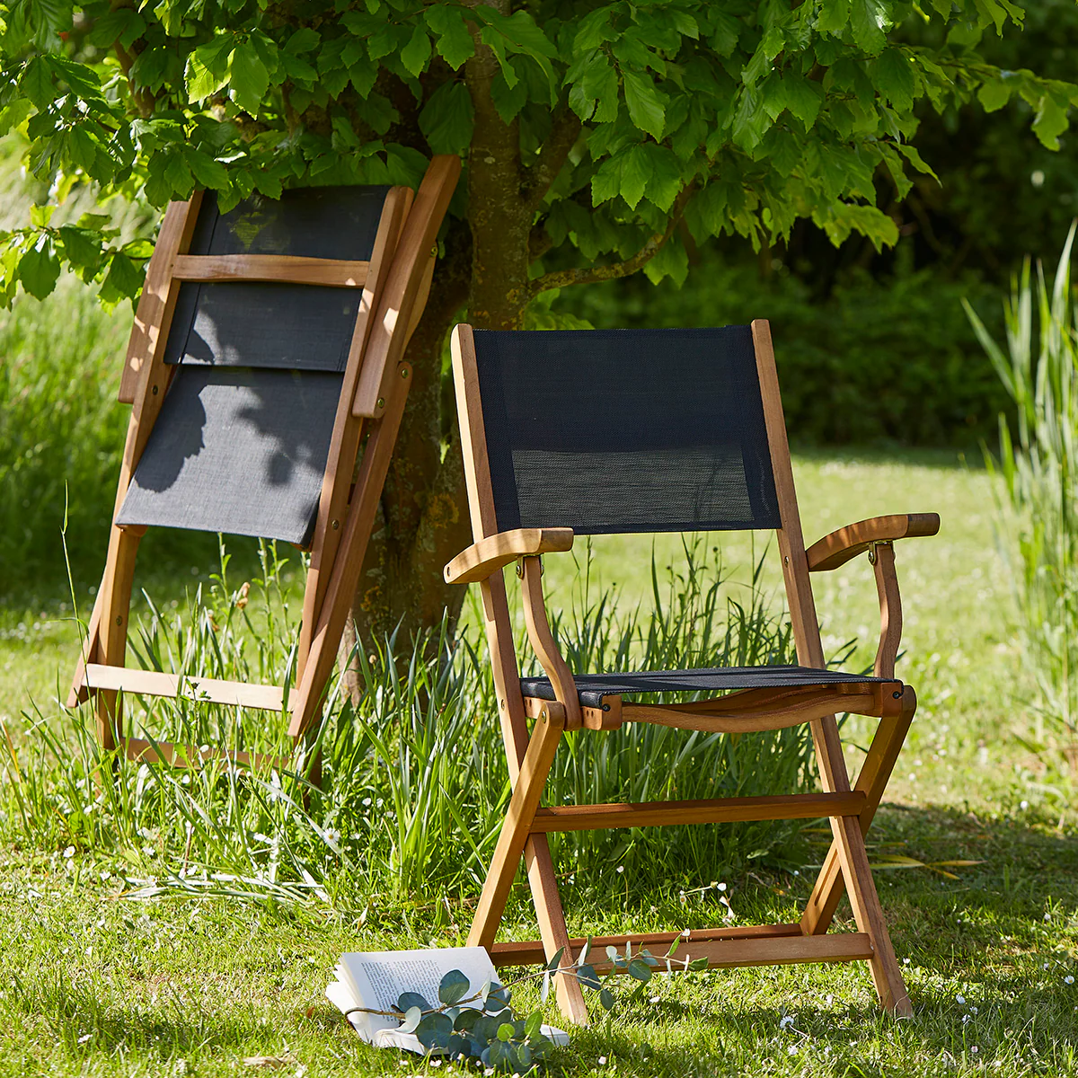 Fauteuil en acacia massif et textilène noir (lot de 2) - Image 4