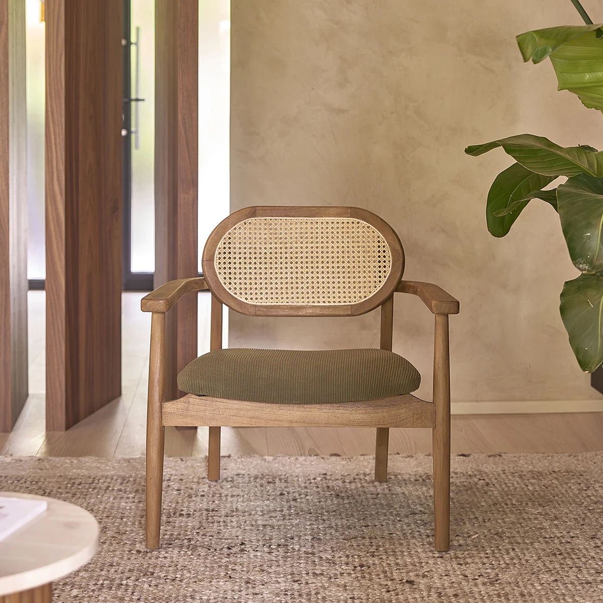 Fauteuil en teck massif, cannage et tissu velours cÎtelé kaki - Image 3