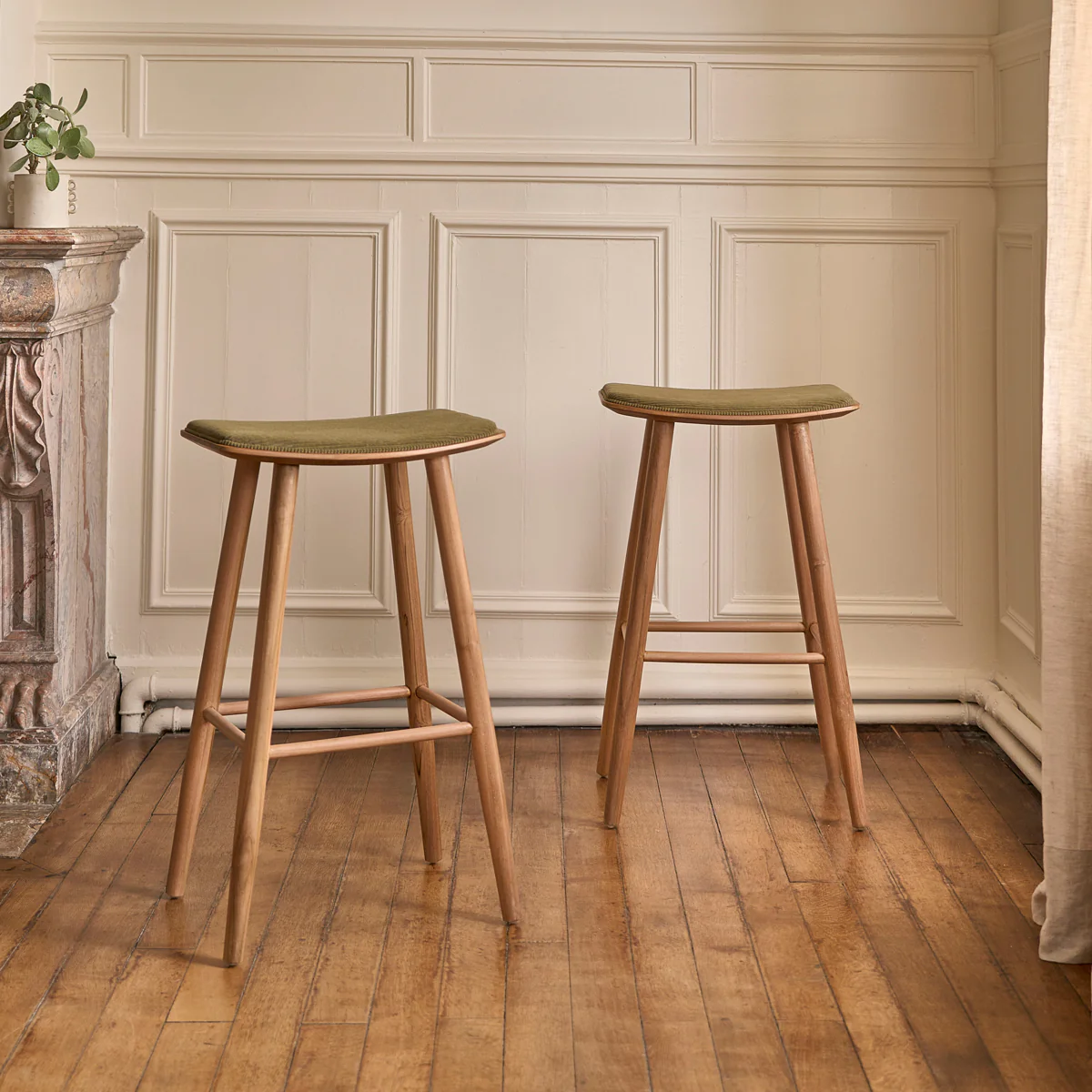 Lot de 2 tabourets de bar en teck massif assise velours cotelé 75 cm - Image 3