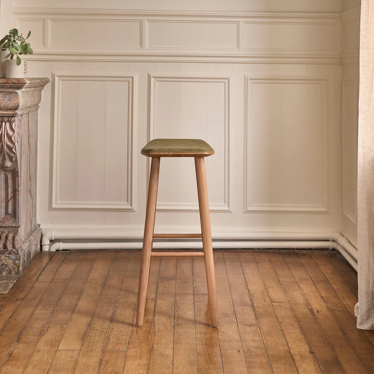 Lot de 2 tabourets de bar en teck massif assise velours cotelé 75 cm - Image 4