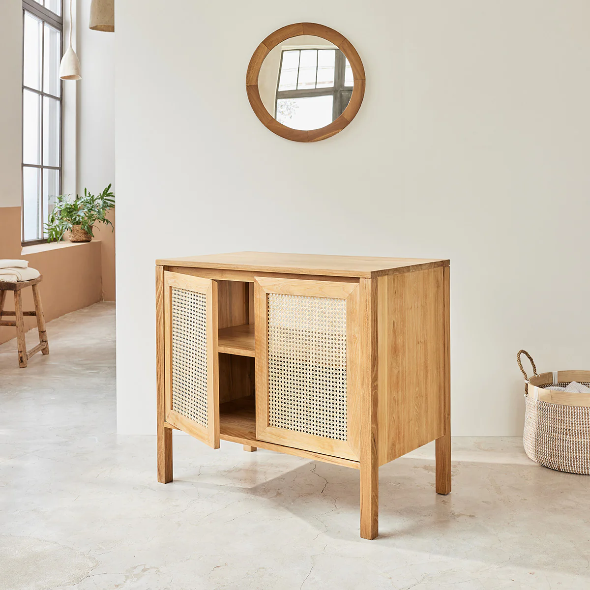 Meuble sous vasque en teck massif et cannage 90 cm - Image 3