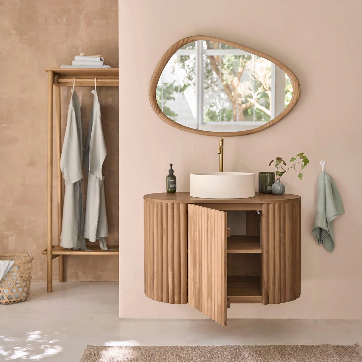 Meuble de salle de bain en teck massif suspendu 90 cm - Image 3