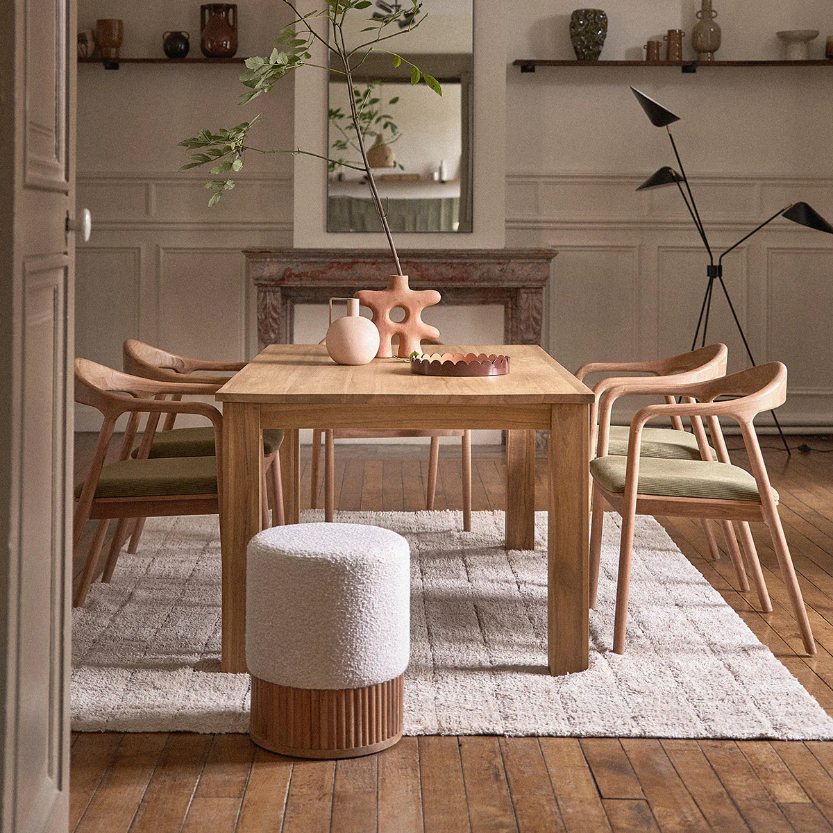 Pouf en teck massif et tissu bouclette blanc Ă38 cm - Image 7