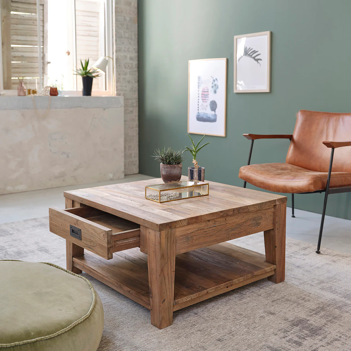 Table basse en teck massif recyclé 80 cm - Image 3