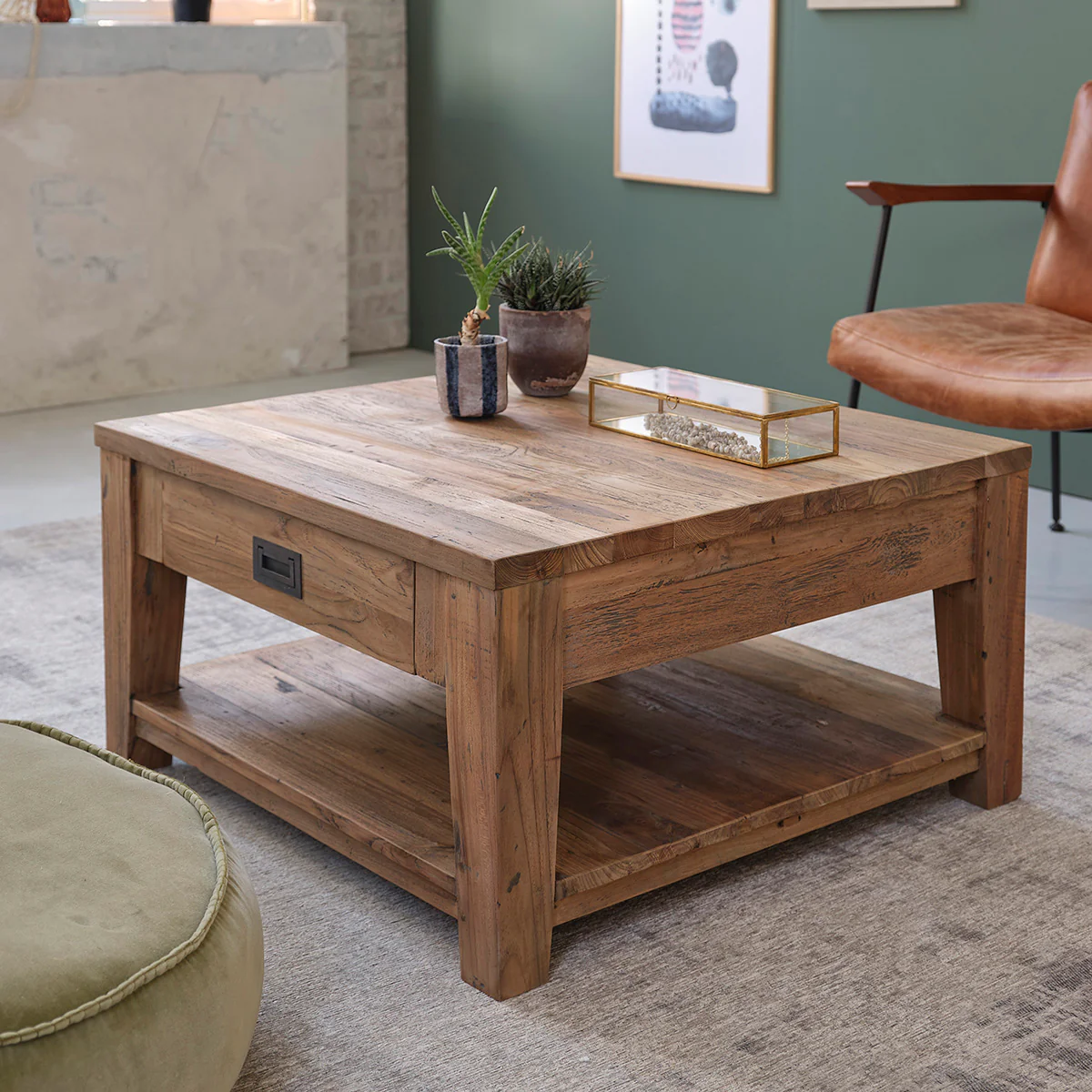 Table basse en teck massif recyclé 80 cm - Image 5