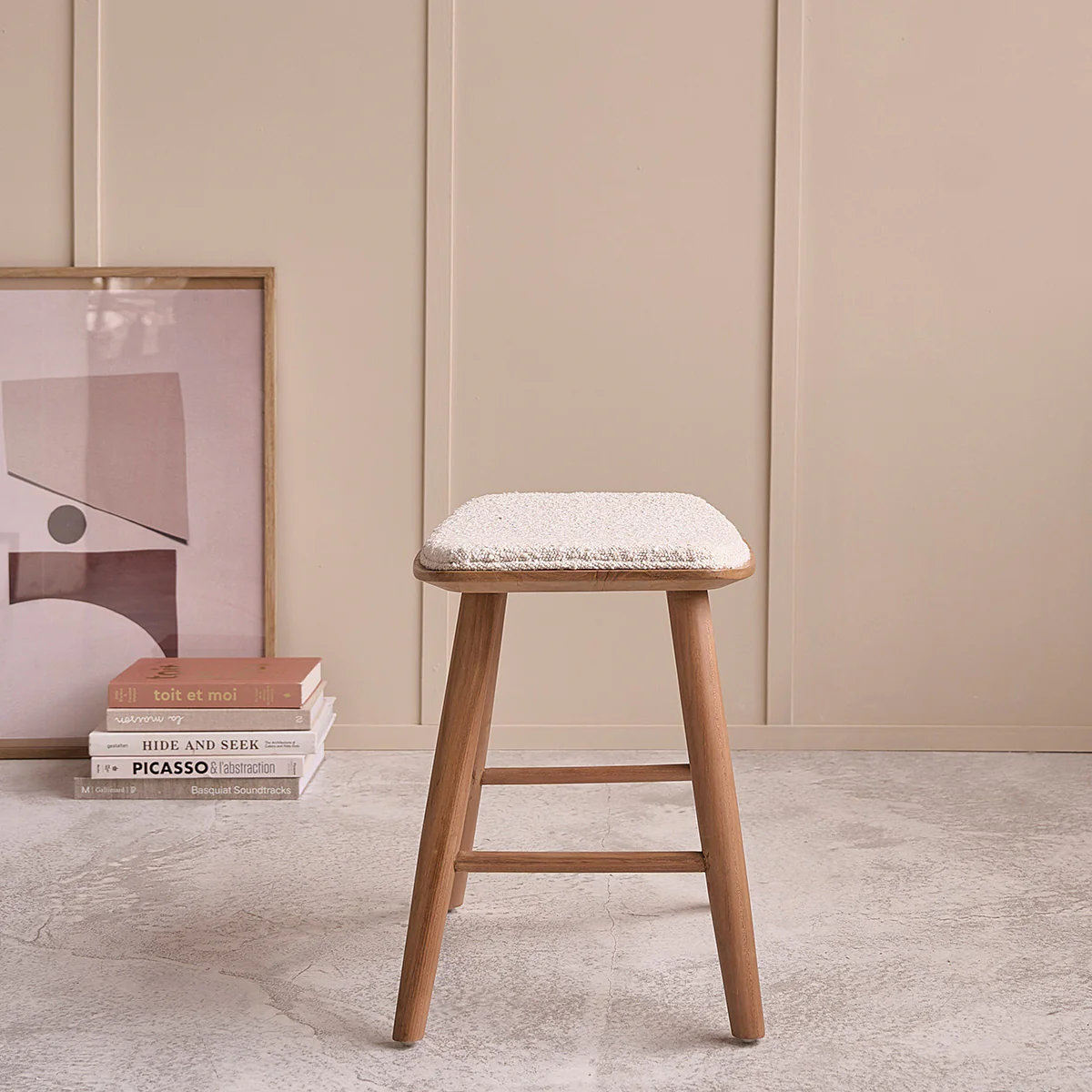 Tabouret de bar en teck massif assise bouclette 45 cm - Image 3